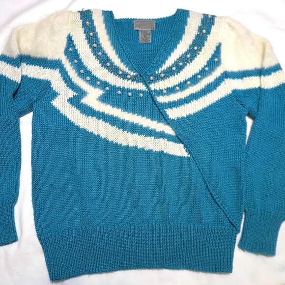Vintage Lauren Cole Petites Blue & White Pearl Embellished Angora Sweater - Picture 1 of 5